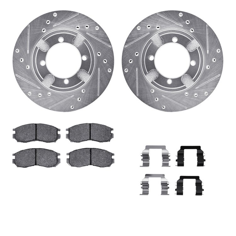 7512-72030 Drilled/Slotted Brake Rotors w/5000 Advanced Brake Pads Kit & Hardware [Silver], 1991-1991 Mitsubishi, Position: Fron