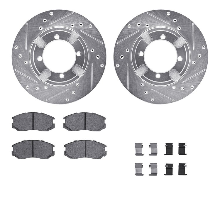 7512-72031 Drilled/Slotted Brake Rotors w/5000 Advanced Brake Pads Kit & Hardware [Silver], 1992-1992 Mitsubishi, Position: Fron