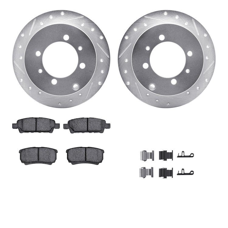 7512-72033 Drilled/Slotted Brake Rotors w/5000 Advanced Brake Pads Kit & Hardware [Silver], 2004-2004 Mitsubishi, Position: Rear