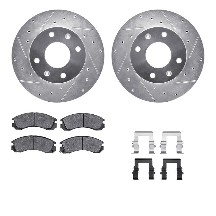 7512-72035 Drilled/Slotted Brake Rotors w/5000 Advanced Brake Pads Kit & Hardware [Silver], 1998-1998 Mitsubishi, Position: Fron