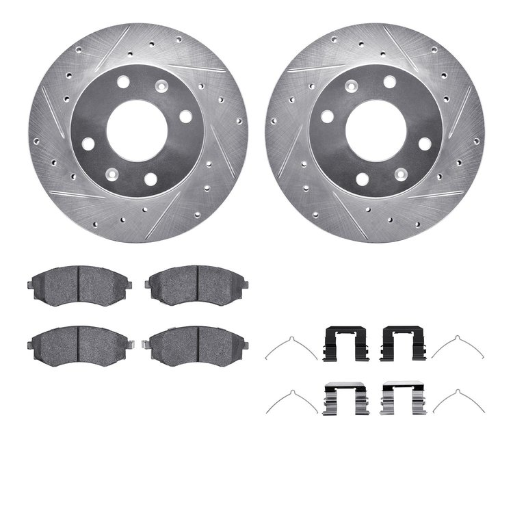 7512-72036 Drilled/Slotted Brake Rotors w/5000 Advanced Brake Pads Kit & Hardware [Silver], 1998-2001 Kia/Hyundai/Genesis, Posit