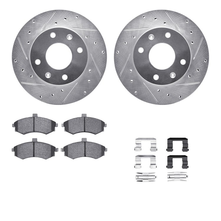7512-72039 Drilled/Slotted Brake Rotors w/5000 Advanced Brake Pads Kit & Hardware [Silver], 2002-2005 Kia/Hyundai/Genesis, Posit