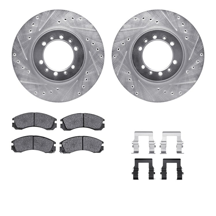 7512-72043 Drilled/Slotted Brake Rotors w/5000 Advanced Brake Pads Kit & Hardware [Silver], 1990-2004 Mitsubishi, Position: Fron