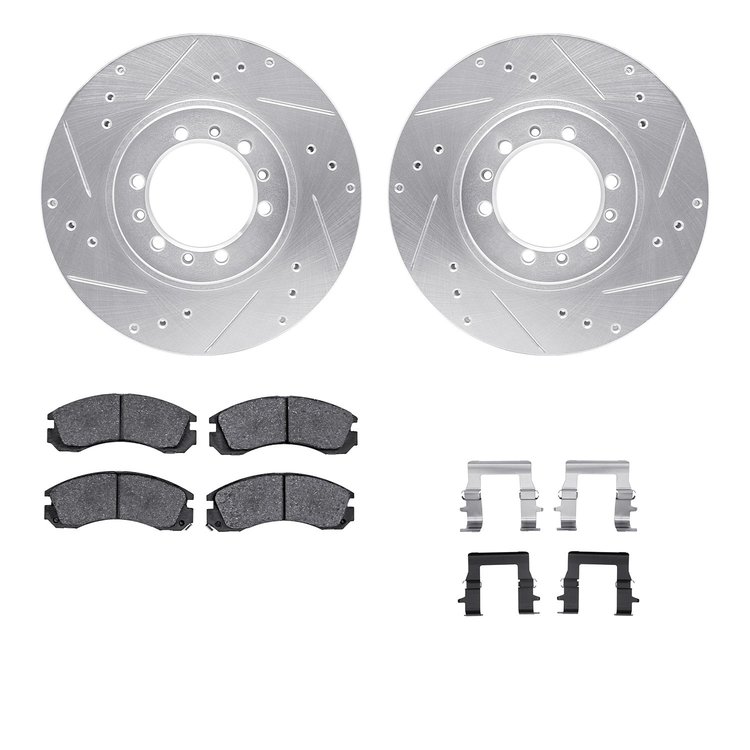 7512-72046 Drilled/Slotted Brake Rotors w/5000 Advanced Brake Pads Kit & Hardware [Silver], 1994-2000 Mitsubishi, Position: Fron