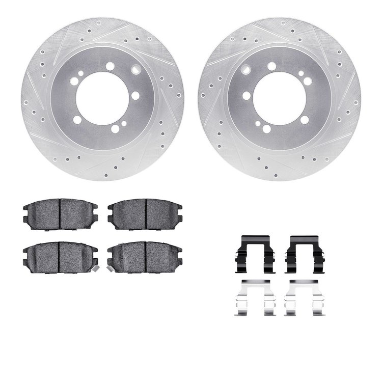 7512-72053 Drilled/Slotted Brake Rotors w/5000 Advanced Brake Pads Kit & Hardware [Silver], 1994-1994 Mopar, Position: Rear