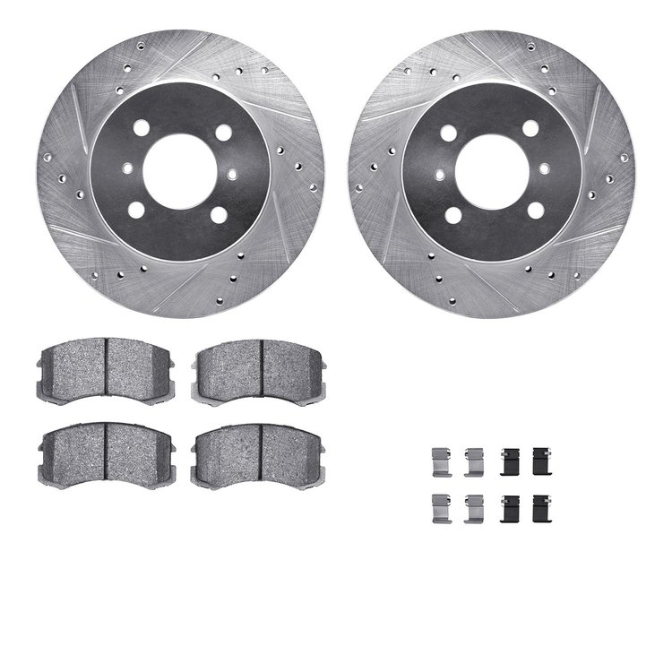 7512-72055 Drilled/Slotted Brake Rotors w/5000 Advanced Brake Pads Kit & Hardware [Silver], 2002-2007 Mitsubishi, Position: Fron