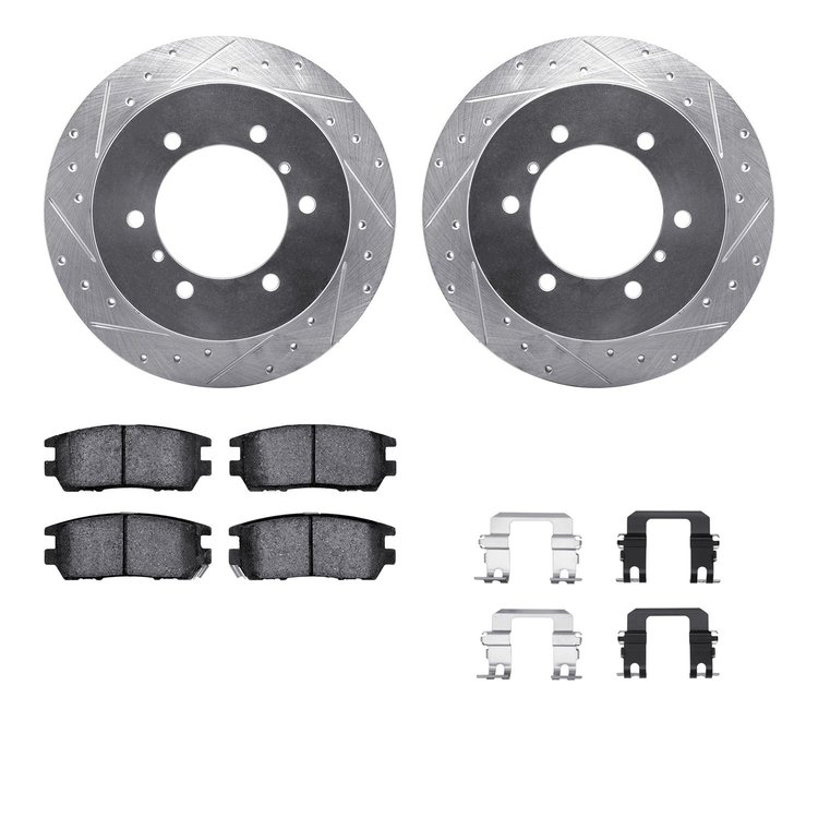 7512-72056 Drilled/Slotted Brake Rotors w/5000 Advanced Brake Pads Kit & Hardware [Silver], 1990-2000 Mitsubishi, Position: Rear