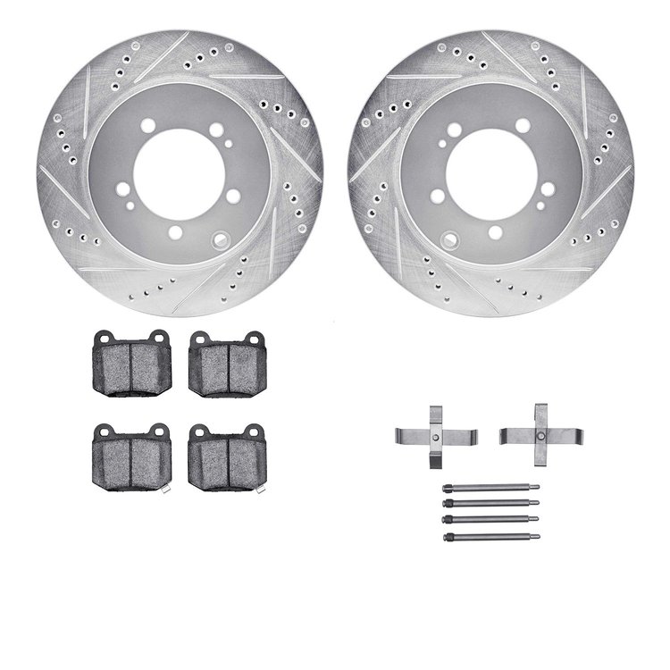 7512-72060 Drilled/Slotted Brake Rotors w/5000 Advanced Brake Pads Kit & Hardware [Silver], 2003-2006 Mitsubishi, Position: Rear