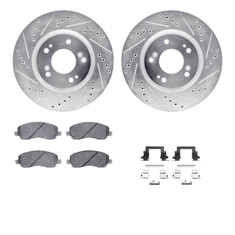 7512-72061 Drilled/Slotted Brake Rotors w/5000 Advanced Brake Pads Kit & Hardware [Silver], 2004-2012 Mitsubishi, Position: Fron