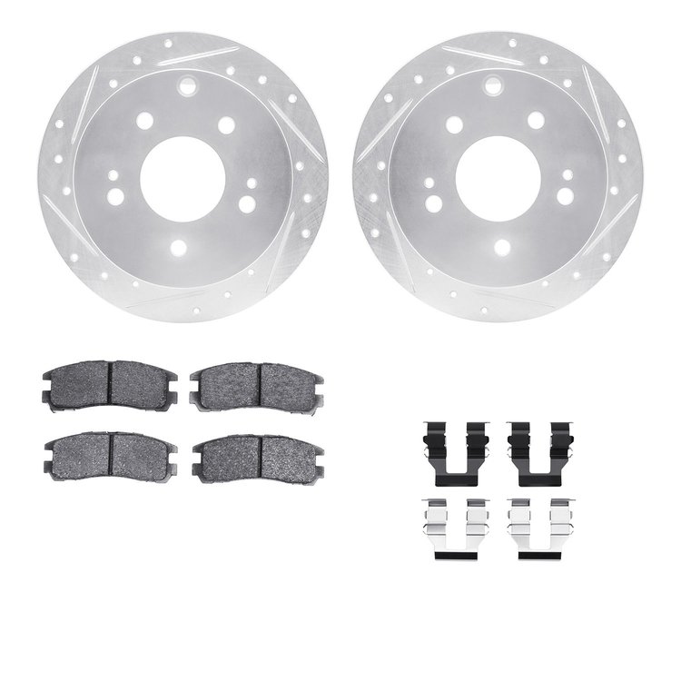 7512-72062 Drilled/Slotted Brake Rotors w/5000 Advanced Brake Pads Kit & Hardware [Silver], 2004-2012 Mitsubishi, Position: Rear