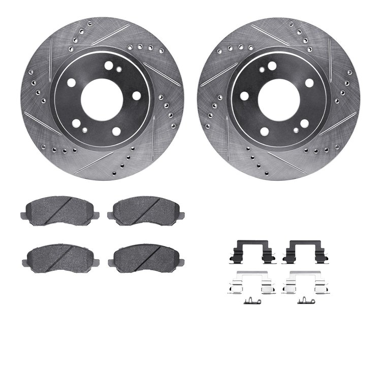 7512-72068 Drilled/Slotted Brake Rotors w/5000 Advanced Brake Pads Kit & Hardware [Silver], 2000-2012 Multiple Makes/Models, Pos