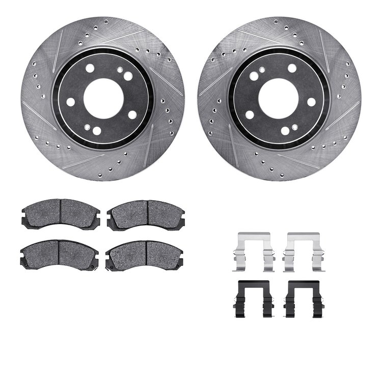 7512-72069 Drilled/Slotted Brake Rotors w/5000 Advanced Brake Pads Kit & Hardware [Silver], 2009-2015 Mitsubishi, Position: Fron