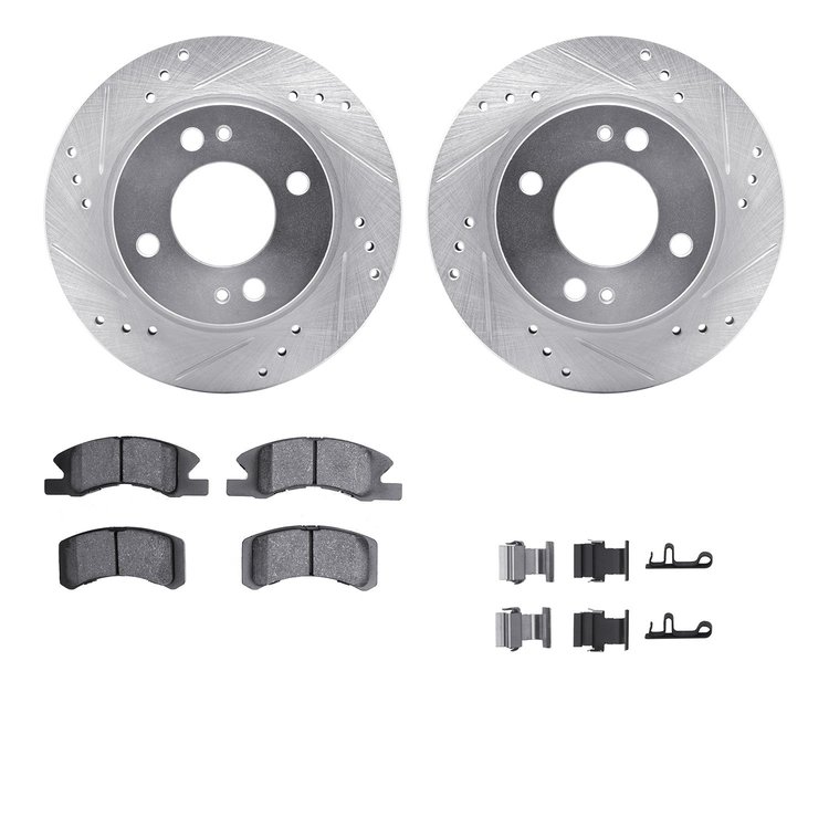 7512-72070 Drilled/Slotted Brake Rotors w/5000 Advanced Brake Pads Kit & Hardware [Silver], 2014-2015 Mitsubishi, Position: Fron