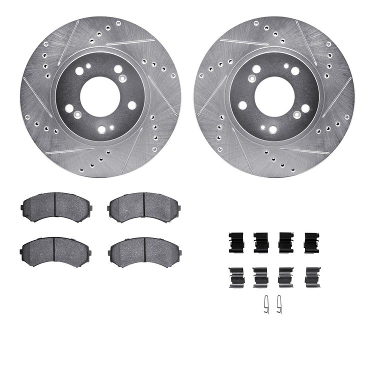 7512-72072 Drilled/Slotted Brake Rotors w/5000 Advanced Brake Pads Kit & Hardware [Silver], 2004-2011 Mitsubishi, Position: Fron