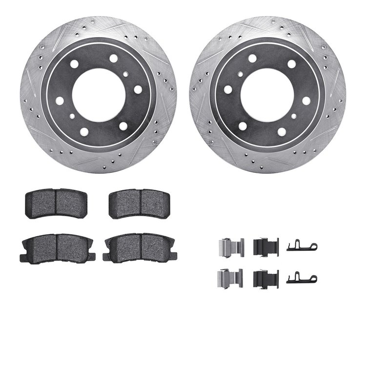 7512-72073 Drilled/Slotted Brake Rotors w/5000 Advanced Brake Pads Kit & Hardware [Silver], 2000-2006 Mitsubishi, Position: Rear
