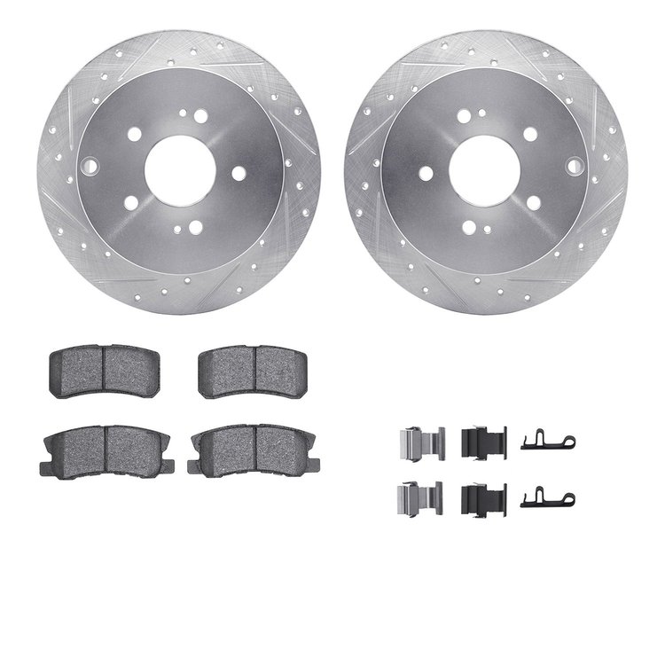 7512-72074 Drilled/Slotted Brake Rotors w/5000 Advanced Brake Pads Kit & Hardware [Silver], 2004-2011 Mitsubishi, Position: Rear