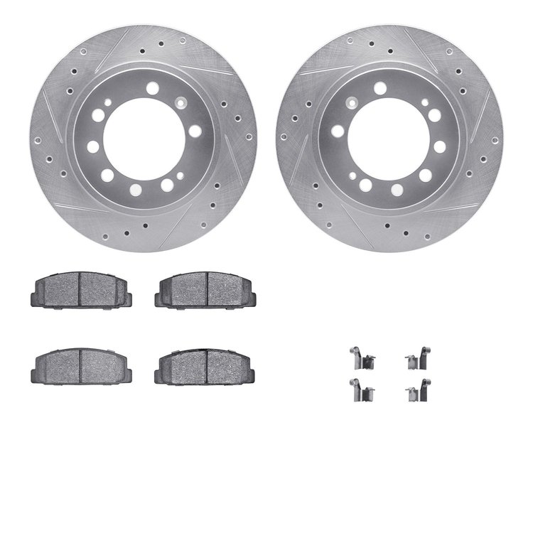 7512-72083 Drilled/Slotted Brake Rotors w/5000 Advanced Brake Pads Kit & Hardware [Silver], 1984-1989 Mopar, Position: Rear