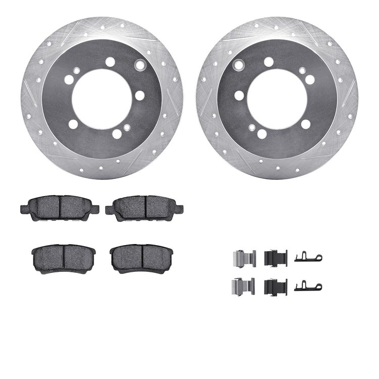 7512-72084 Drilled/Slotted Brake Rotors w/5000 Advanced Brake Pads Kit & Hardware [Silver], 2004-2007 Mitsubishi, Position: Rear