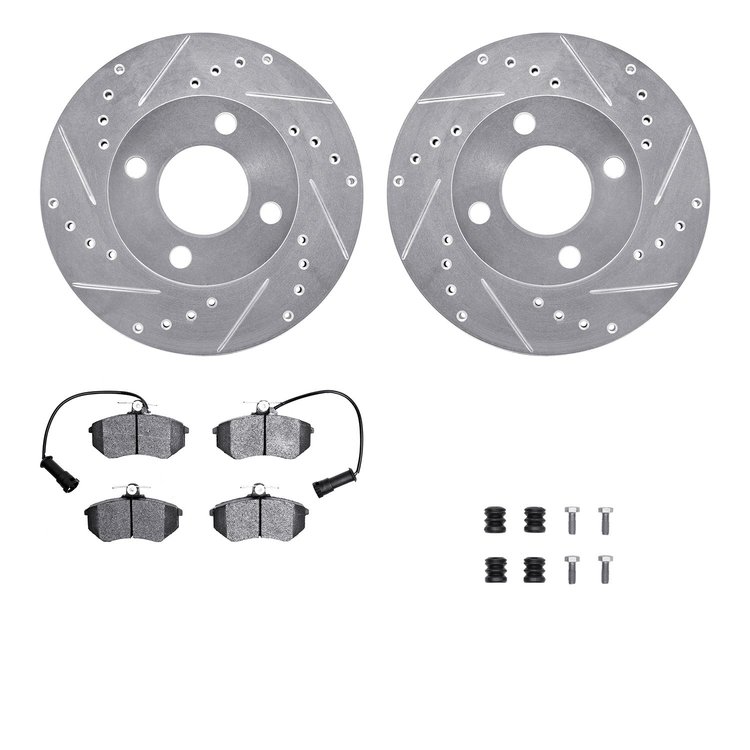 7512-73000 Drilled/Slotted Brake Rotors w/5000 Advanced Brake Pads Kit & Hardware [Silver], 1983-1991 Audi/Volkswagen, Position: