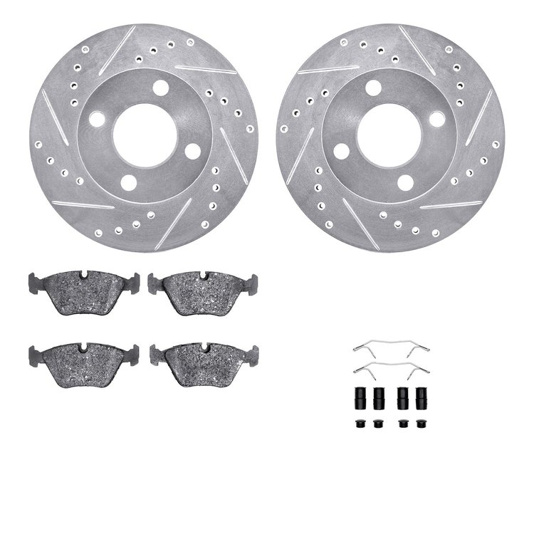 7512-73001 Drilled/Slotted Brake Rotors w/5000 Advanced Brake Pads Kit & Hardware [Silver], 1989-1991 Audi/Volkswagen, Position: