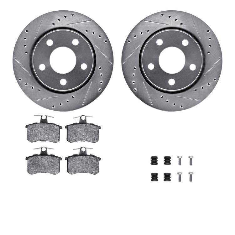 7512-73004 Drilled/Slotted Brake Rotors w/5000 Advanced Brake Pads Kit & Hardware [Silver], 1986-1991 Audi/Volkswagen, Position: