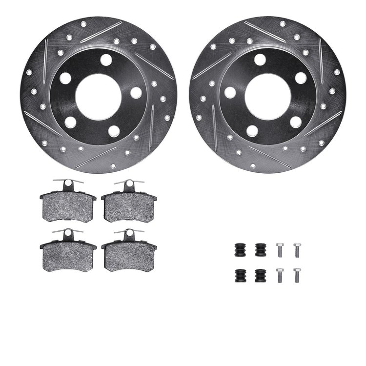 7512-73012 Drilled/Slotted Brake Rotors w/5000 Advanced Brake Pads Kit & Hardware [Silver], 1986-2000 Audi/Volkswagen, Position: