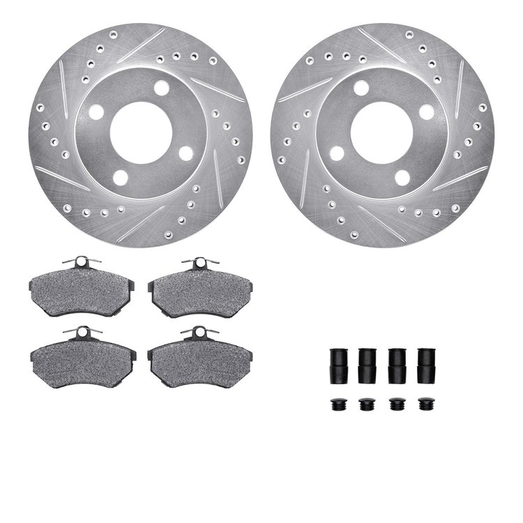 7512-73016 Drilled/Slotted Brake Rotors w/5000 Advanced Brake Pads Kit & Hardware [Silver], 1990-1991 Audi/Volkswagen, Position: