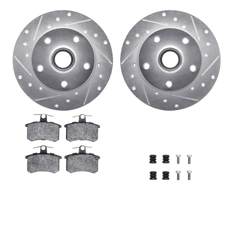 7512-73018 Drilled/Slotted Brake Rotors w/5000 Advanced Brake Pads Kit & Hardware [Silver], 1996-1997 Audi/Volkswagen, Position: