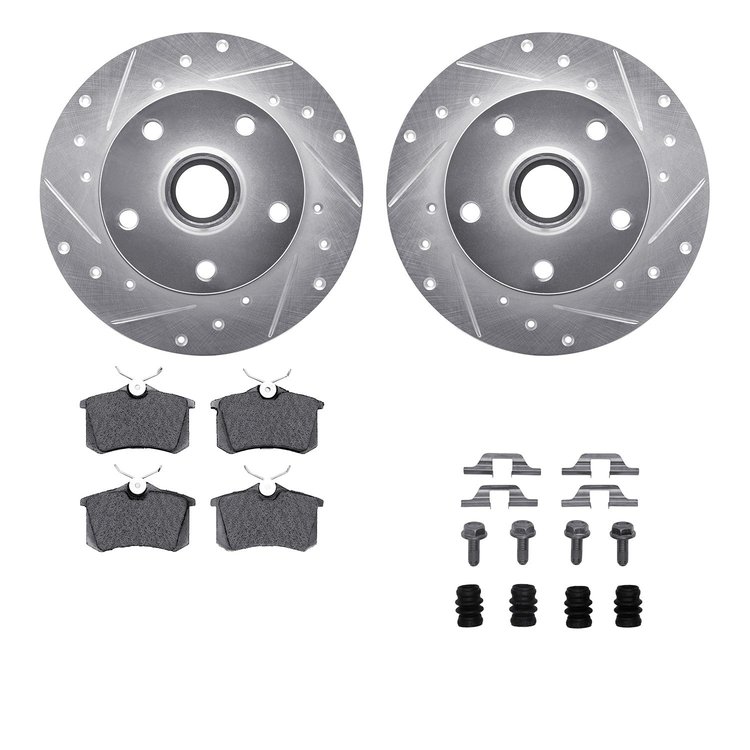 7512-73021 Drilled/Slotted Brake Rotors w/5000 Advanced Brake Pads Kit & Hardware [Silver], 2000-2008 Audi/Volkswagen, Position: