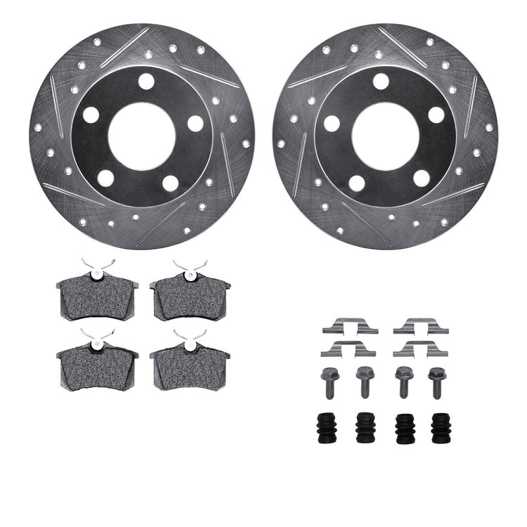 7512-73026 Drilled/Slotted Brake Rotors w/5000 Advanced Brake Pads Kit & Hardware [Silver], 1999-2001 Audi/Volkswagen, Position:
