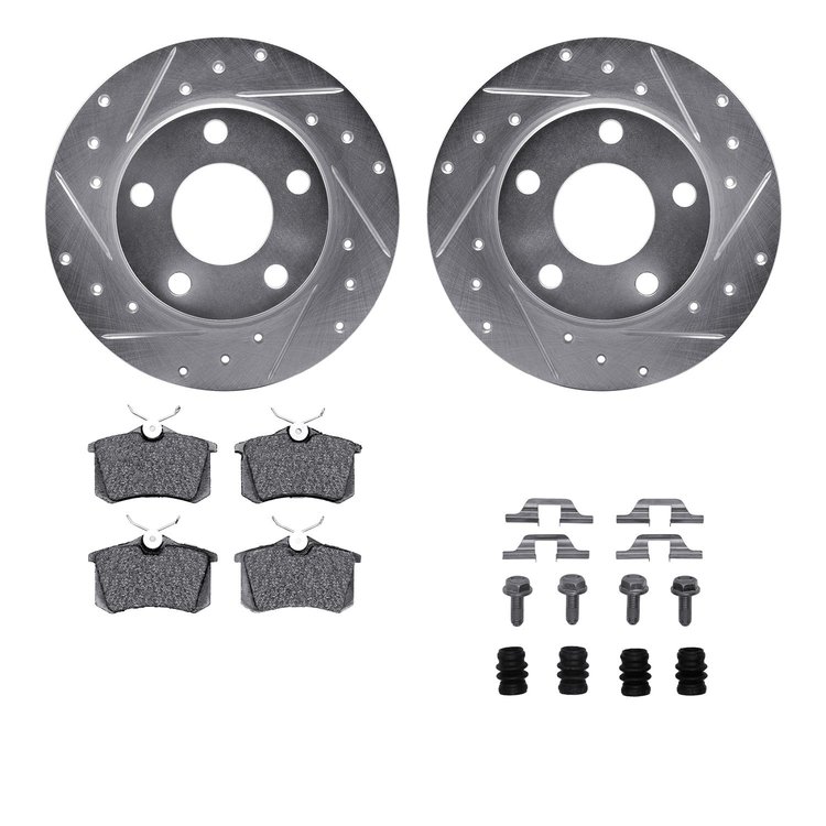 7512-73029 Drilled/Slotted Brake Rotors w/5000 Advanced Brake Pads Kit & Hardware [Silver], 1999-2002 Audi/Volkswagen, Position: