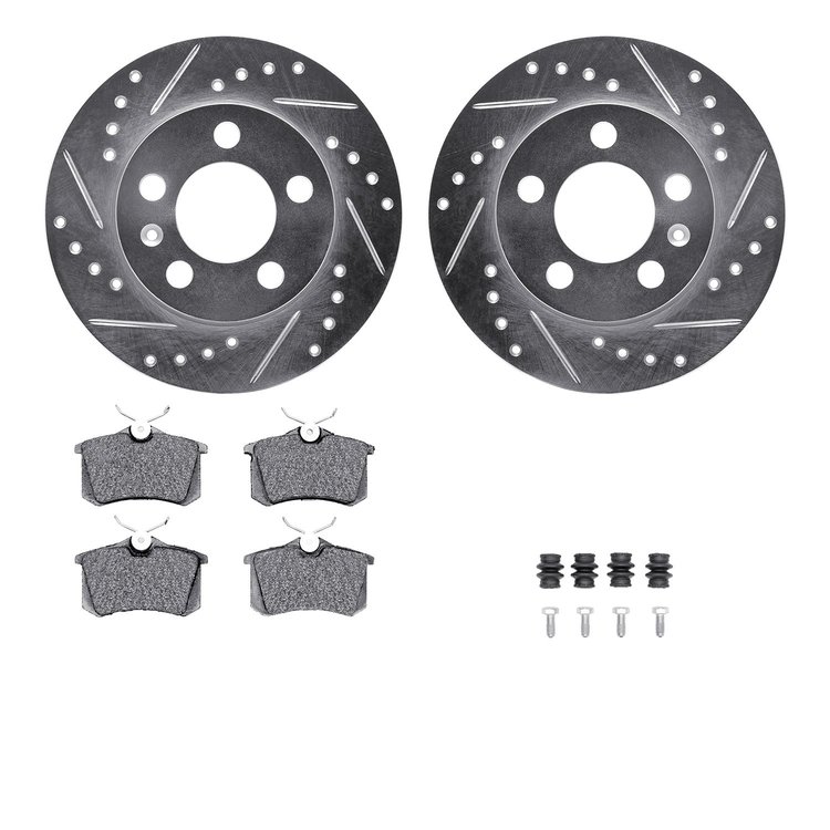 7512-73035 Drilled/Slotted Brake Rotors w/5000 Advanced Brake Pads Kit & Hardware [Silver], 2001-2006 Audi/Volkswagen, Position: