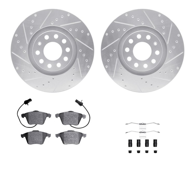 7512-73041 Drilled/Slotted Brake Rotors w/5000 Advanced Brake Pads Kit & Hardware [Silver], 2000-2009 Audi/Volkswagen, Position:
