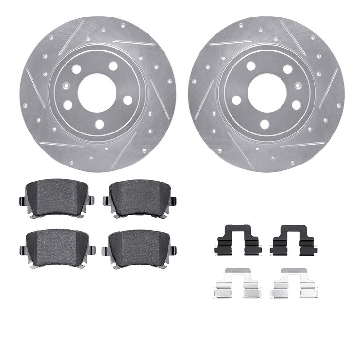 7512-73043 Drilled/Slotted Brake Rotors w/5000 Advanced Brake Pads Kit & Hardware [Silver], 2005-2009 Audi/Volkswagen, Position: