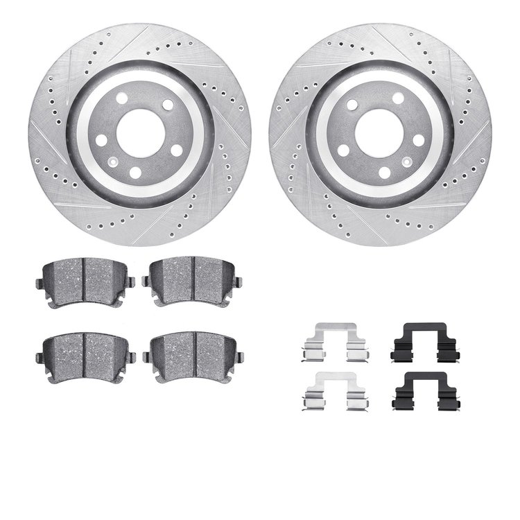 7512-73045 Drilled/Slotted Brake Rotors w/5000 Advanced Brake Pads Kit & Hardware [Silver], 2005-2011 Audi/Volkswagen, Position: