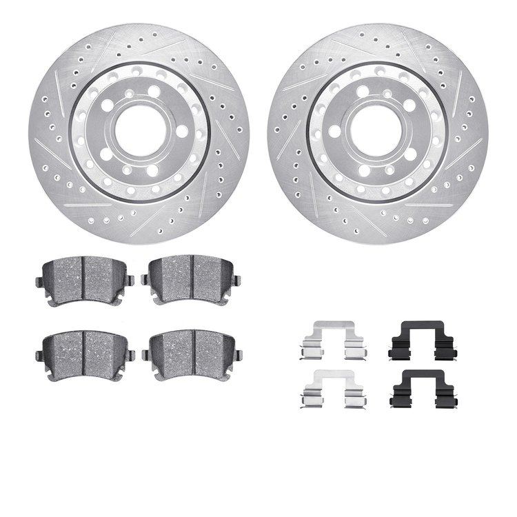 7512-73046 Drilled/Slotted Brake Rotors w/5000 Advanced Brake Pads Kit & Hardware [Silver], 2004-2010 Audi/Volkswagen, Position: