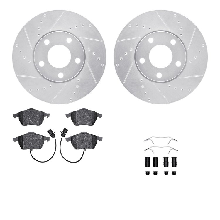 7512-73047 Drilled/Slotted Brake Rotors w/5000 Advanced Brake Pads Kit & Hardware [Silver], 1992-1998 Audi/Volkswagen, Position: