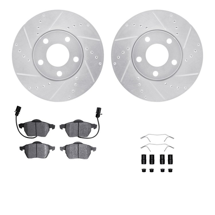 7512-73049 Drilled/Slotted Brake Rotors w/5000 Advanced Brake Pads Kit & Hardware [Silver], 1998-2008 Audi/Volkswagen, Position: