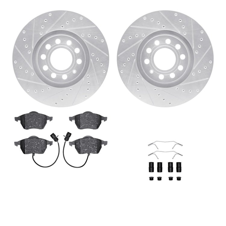 7512-73054 Drilled/Slotted Brake Rotors w/5000 Advanced Brake Pads Kit & Hardware [Silver], 1997-2000 Audi/Volkswagen, Position: