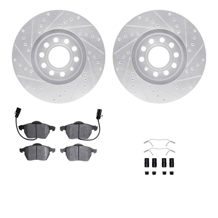 7512-73055 Drilled/Slotted Brake Rotors w/5000 Advanced Brake Pads Kit & Hardware [Silver], 1999-2006 Audi/Volkswagen, Position: