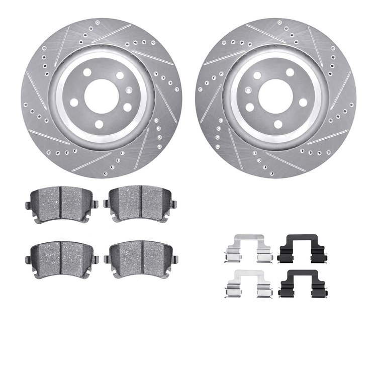 7512-73060 Drilled/Slotted Brake Rotors w/5000 Advanced Brake Pads Kit & Hardware [Silver], 2007-2011 Audi/Volkswagen, Position: