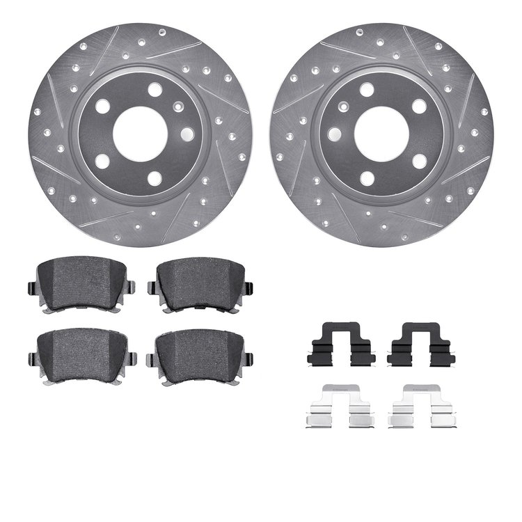 7512-73062 Drilled/Slotted Brake Rotors w/5000 Advanced Brake Pads Kit & Hardware [Silver], 2008-2009 Audi/Volkswagen, Position: