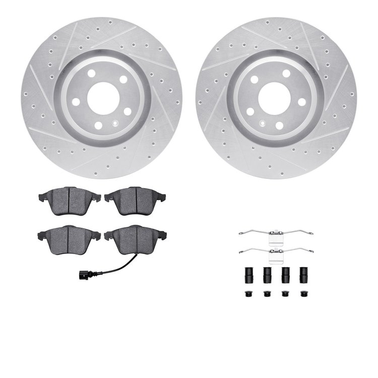 7512-73063 Drilled/Slotted Brake Rotors w/5000 Advanced Brake Pads Kit & Hardware [Silver], 2008-2011 Audi/Volkswagen, Position: