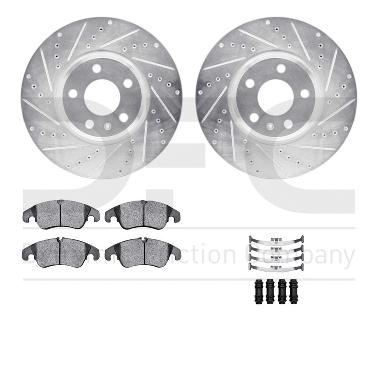 7512-73065 Drilled/Slotted Brake Rotors w/5000 Advanced Brake Pads Kit & Hardware [Silver], 2009-2012 Audi/Volkswagen, Position: