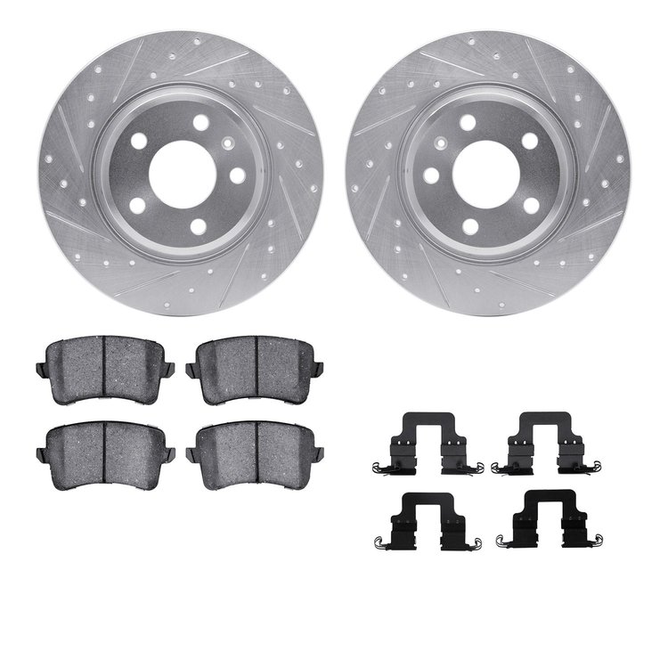 7512-73069 Drilled/Slotted Brake Rotors w/5000 Advanced Brake Pads Kit & Hardware [Silver], 2008-2016 Audi/Volkswagen, Position:
