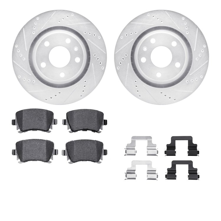 7512-73070 Drilled/Slotted Brake Rotors w/5000 Advanced Brake Pads Kit & Hardware [Silver], 2008-2015 Audi/Volkswagen, Position: