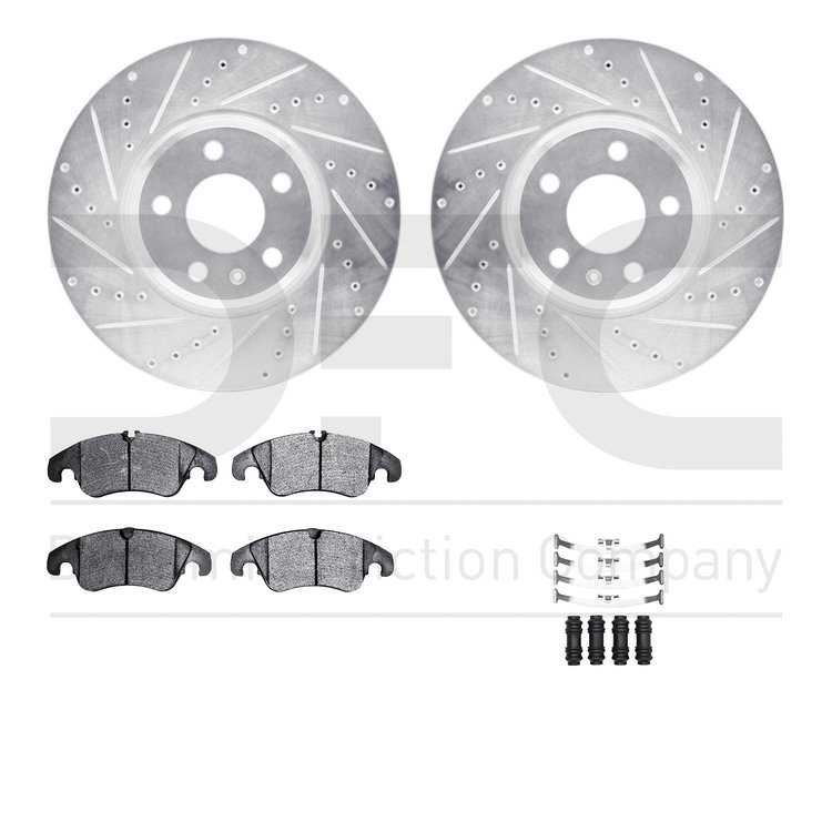 7512-73072 Drilled/Slotted Brake Rotors w/5000 Advanced Brake Pads Kit & Hardware [Silver], 2011-2011 Audi/Volkswagen, Position: