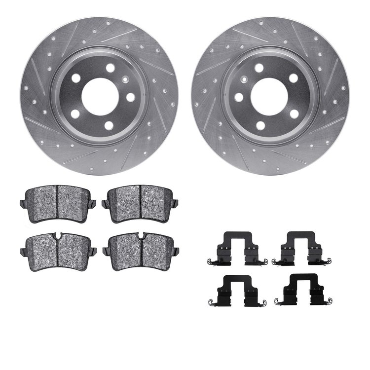 7512-73076 Drilled/Slotted Brake Rotors w/5000 Advanced Brake Pads Kit & Hardware [Silver], 2012-2013 Audi/Volkswagen, Position: