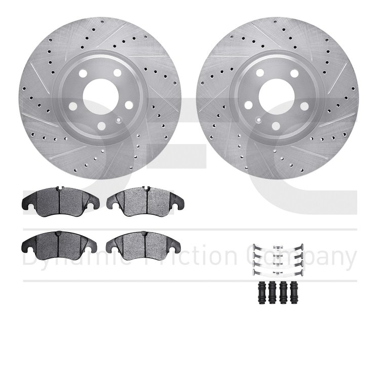 7512-73086 Drilled/Slotted Brake Rotors w/5000 Advanced Brake Pads Kit & Hardware [Silver], 2012-2016 Audi/Volkswagen, Position: