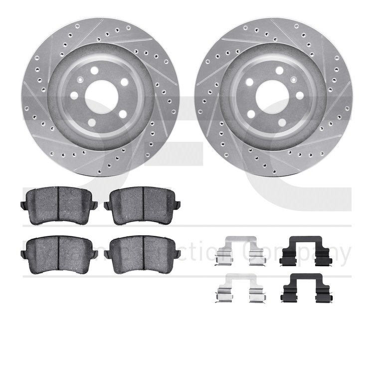 7512-73088 Drilled/Slotted Brake Rotors w/5000 Advanced Brake Pads Kit & Hardware [Silver], 2013-2017 Audi/Volkswagen, Position: